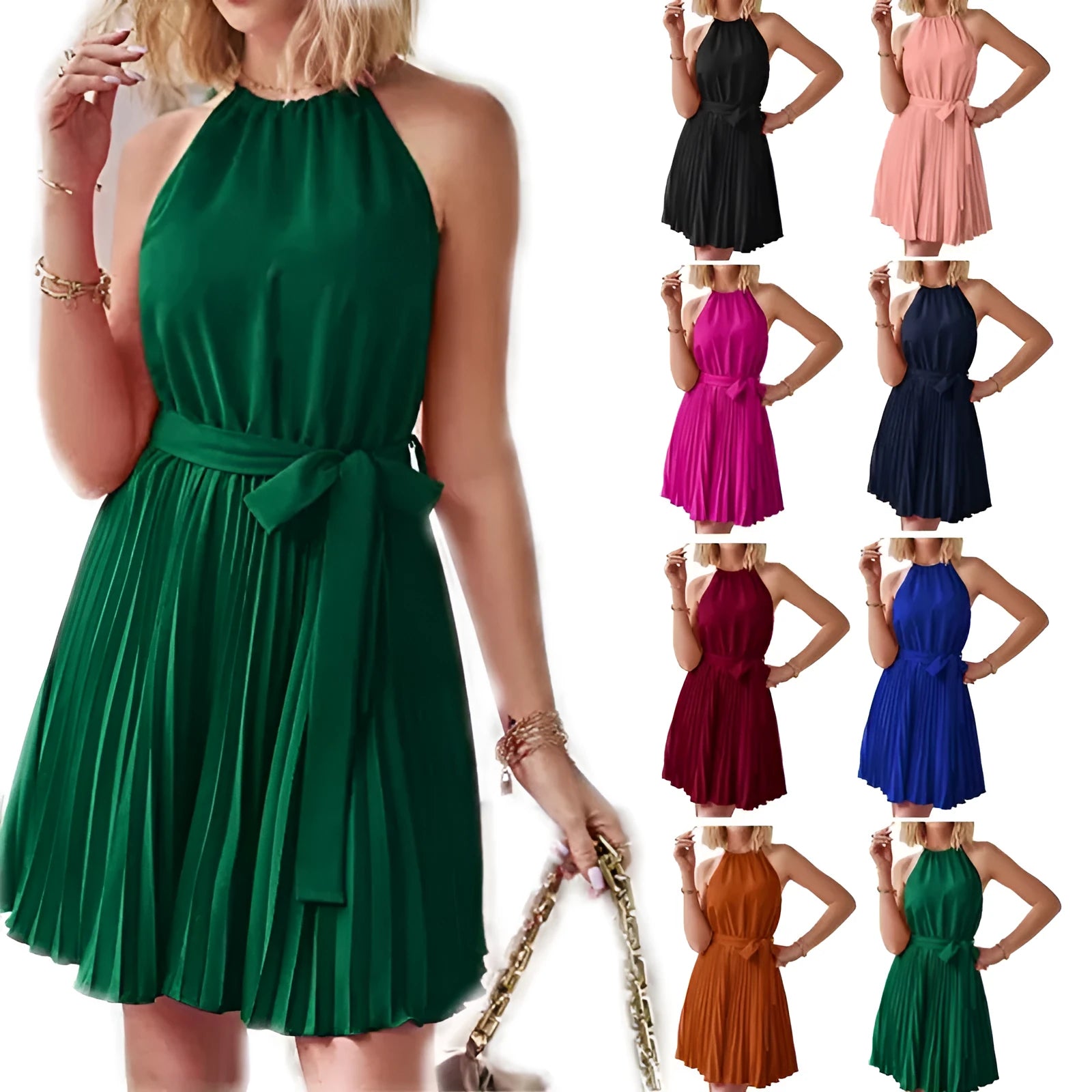 Women's halter strapless chiffon dress with pleated skirt and adjustable waist tie in multiple colour options