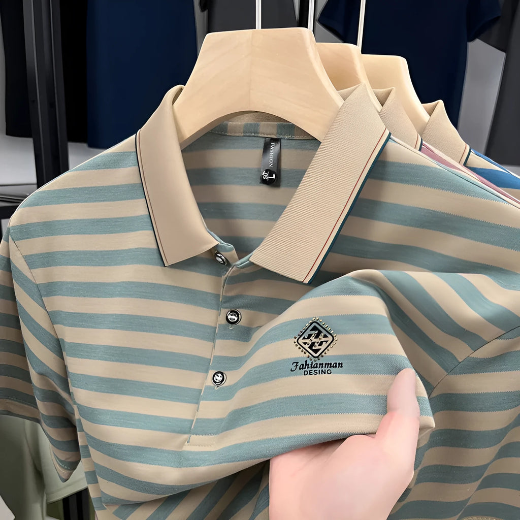 Men's striped short sleeve casual shirt with mosaic pattern in polyester fibre