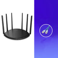 TL-WDR7661 AC1900 Gigabit wireless router shown in a home setting with network cable.