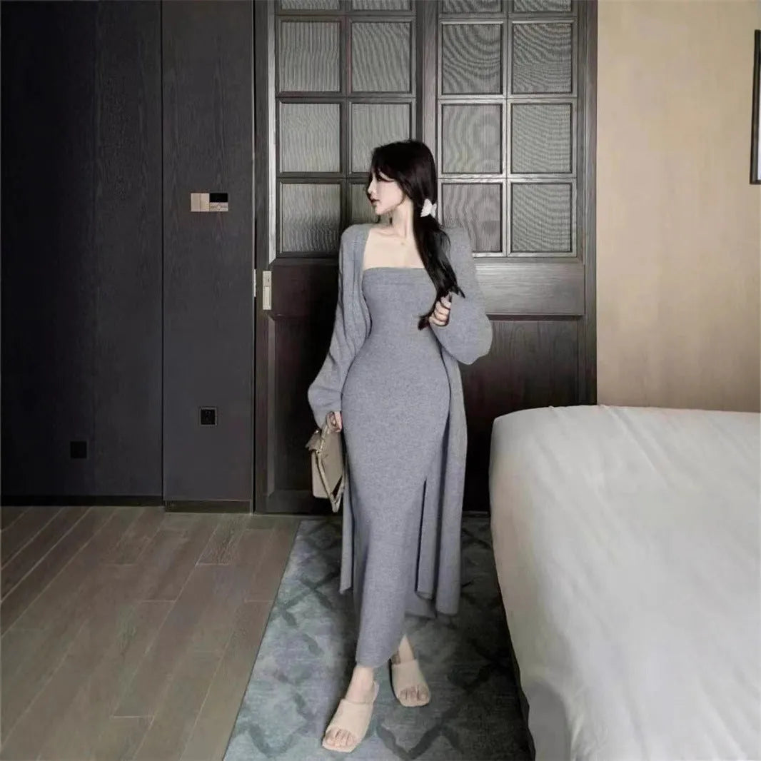 Women's knitted cardigan and long skirt dress suit set with flocking detail in various colours