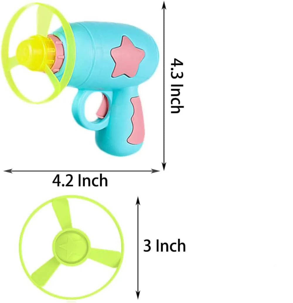 Blue plastic cat toy gun with spinning mechanism and flying disc for indoor feline play