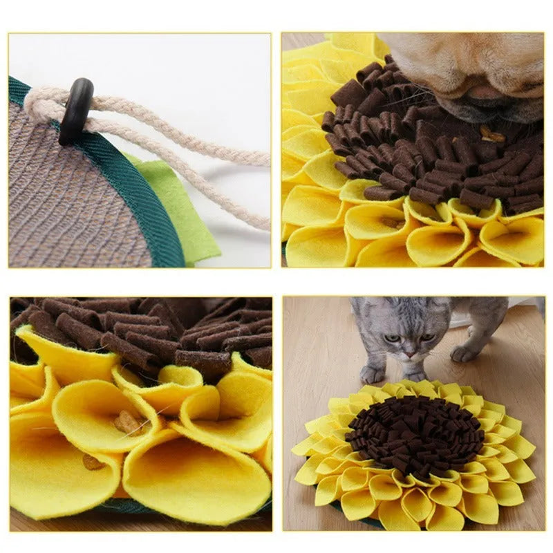 Yellow sunflower snuffle mat for dog feeding and nosework training games