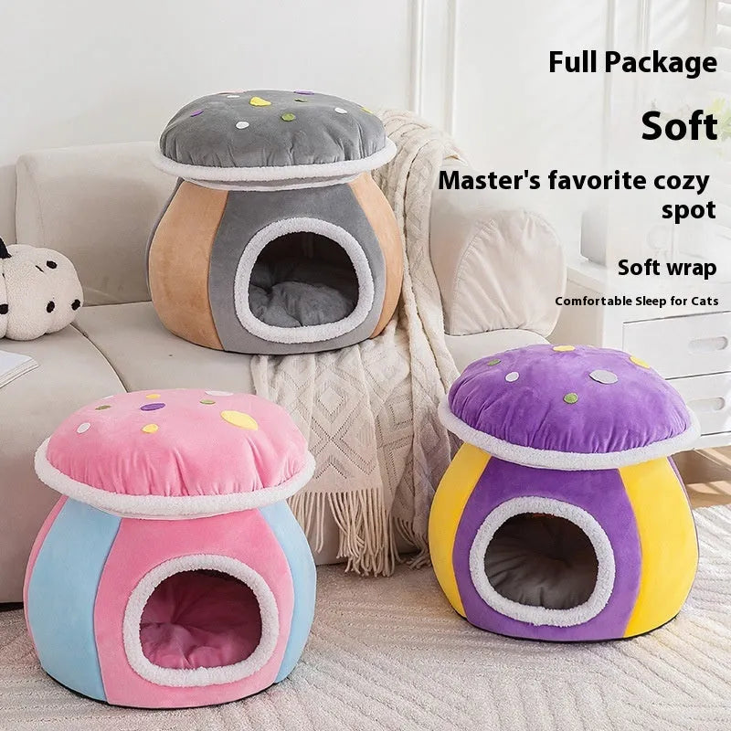 Grey mushroom-shaped cat nest bed with plush lining and a detachable blanket