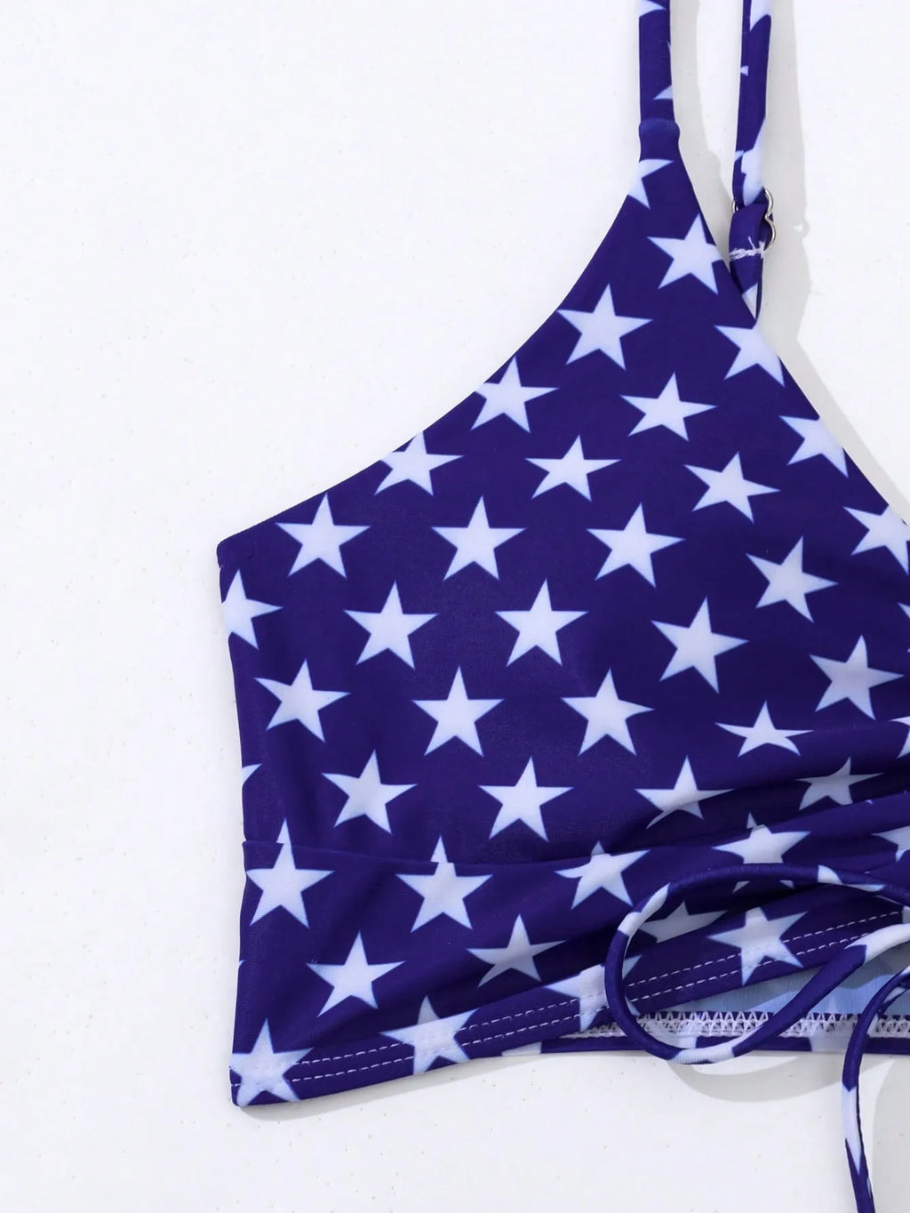 Women's high waist swimsuit with stars and stripes pattern, featuring a drawstring waist and boxer-style briefs
