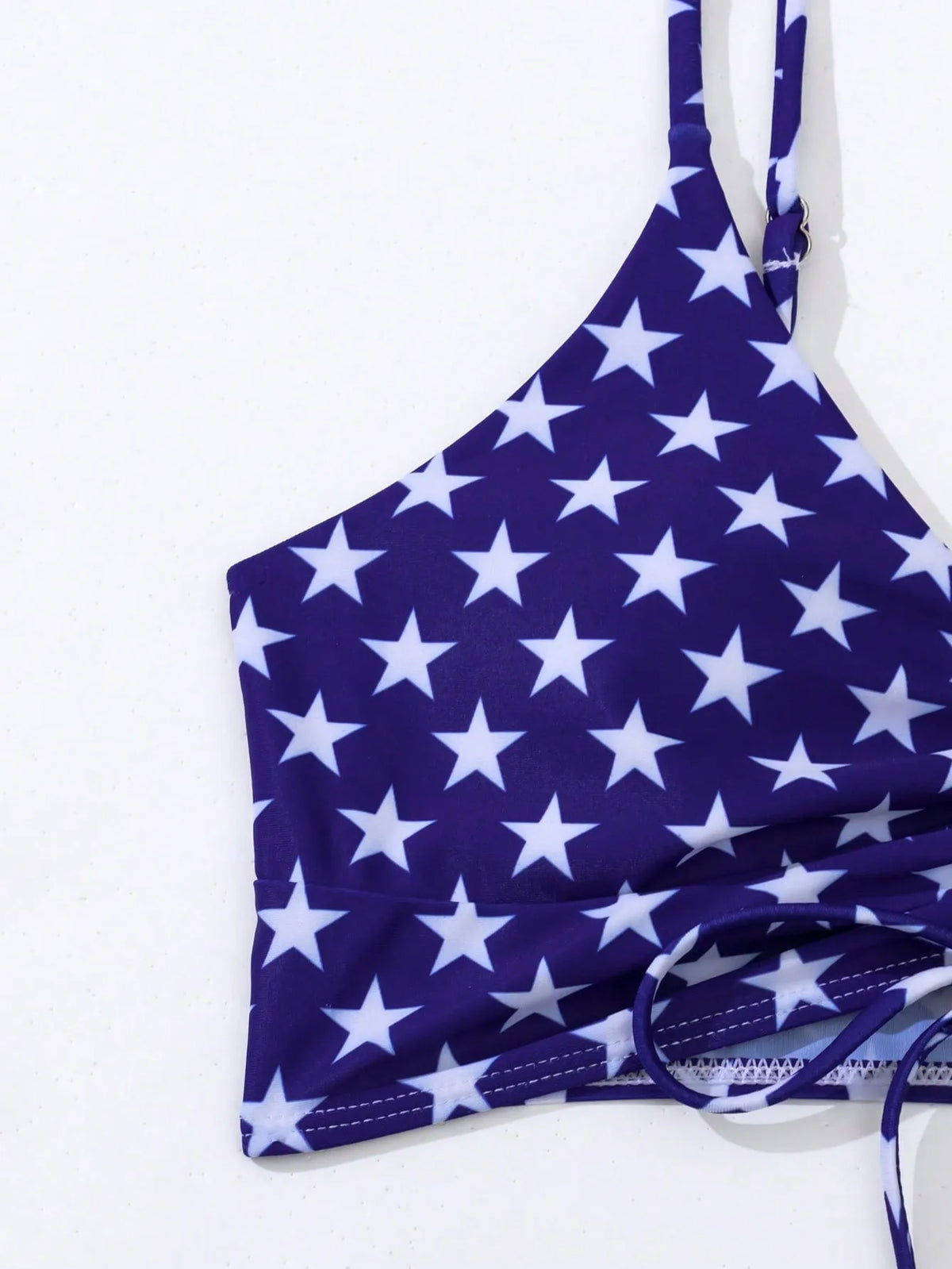 Women's high waist swimsuit with stars and stripes pattern, featuring a drawstring waist and boxer-style briefs