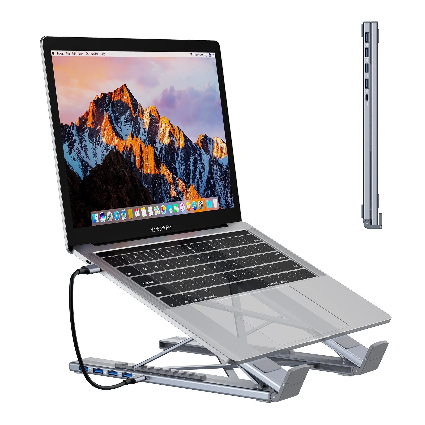 Aluminium folding laptop stand with integrated 8-in-1 docking hub showing ports and 0.6m cable
