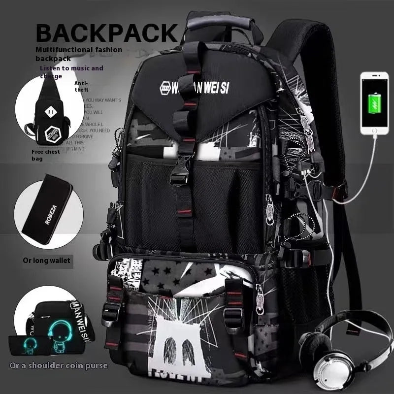Men's large black waterproof oxford cloth hiking backpack with contrast straps and multiple compartments.