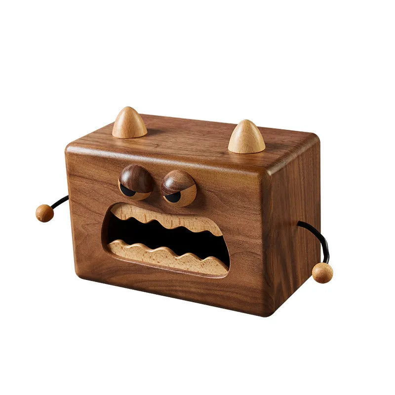 Little Monster cartoon wooden tissue box in walnut beech colour measuring 190mm wide
