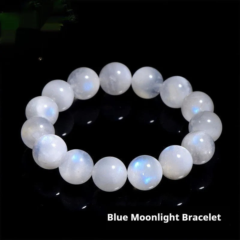 Natural blue moonlight round bead moonstone bracelet with polished finish and geometric bead shape