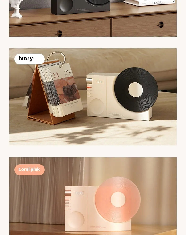 Mini Bluetooth speaker in Obsidian Black, Ivory White, Coral Pink, or Plum Green colours with USB charging port