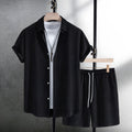 Men's white jacquard patterned short sleeve shirt with matching shorts casual set