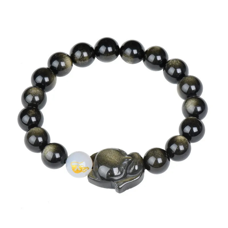 Natural obsidian bracelet with 10mm beads in gold, silver, or black finish.