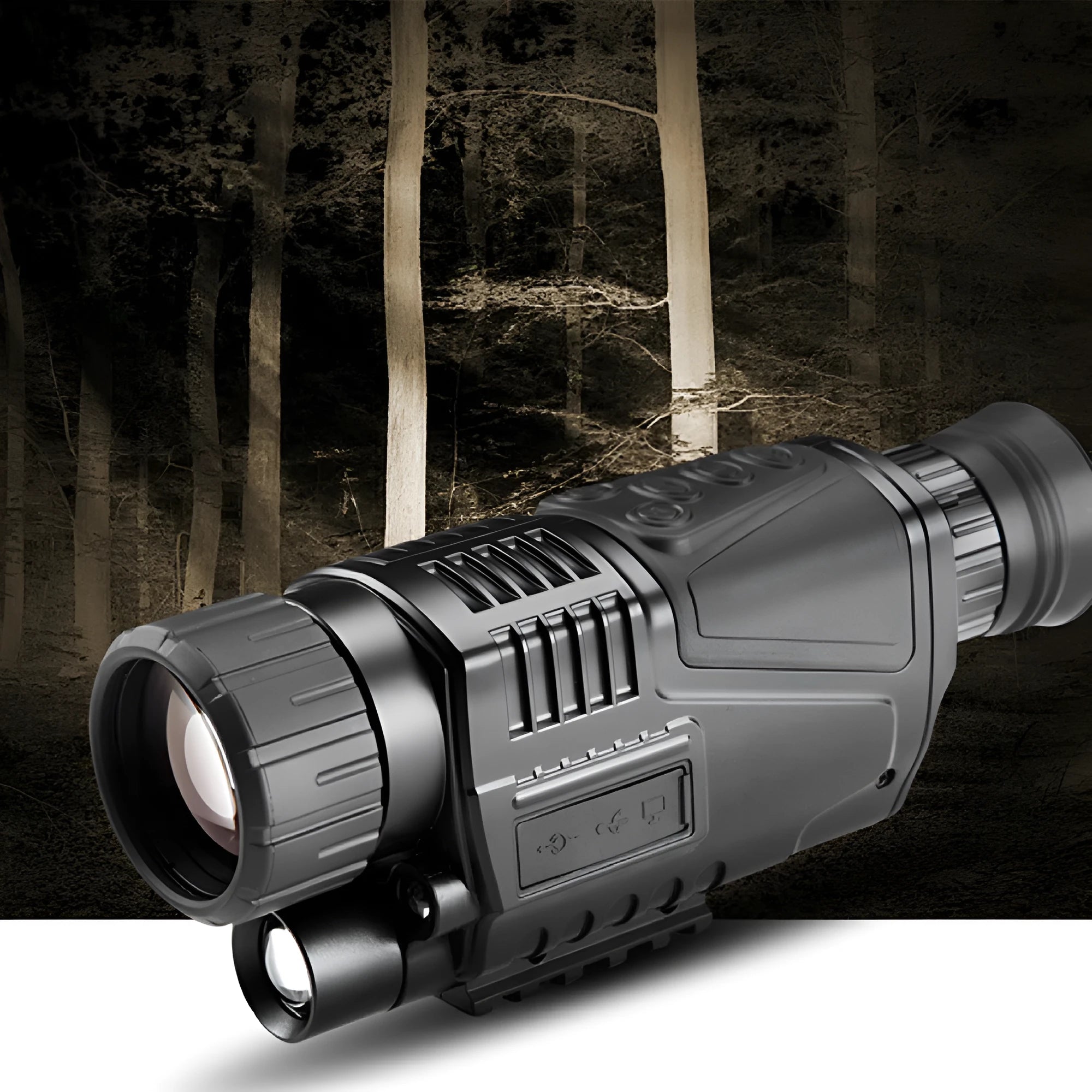 Black digital night vision telescope with 40mm lens, rubber-coated body, shown with storage bag and cables.