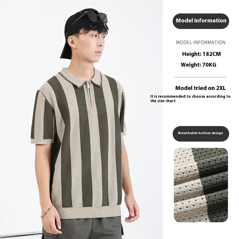 Man wearing a striped short sleeve ice silk sweater with decorative zipper details in a blue colour.