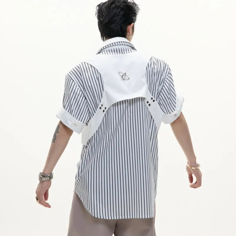 Men's black and white striped cotton shirt with double collar design and short sleeves