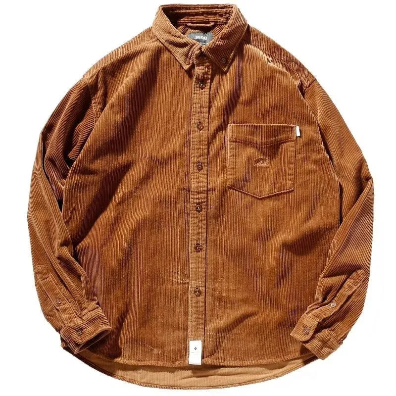 Long sleeve loose corduroy shirt in caramel colour with cardigan style front