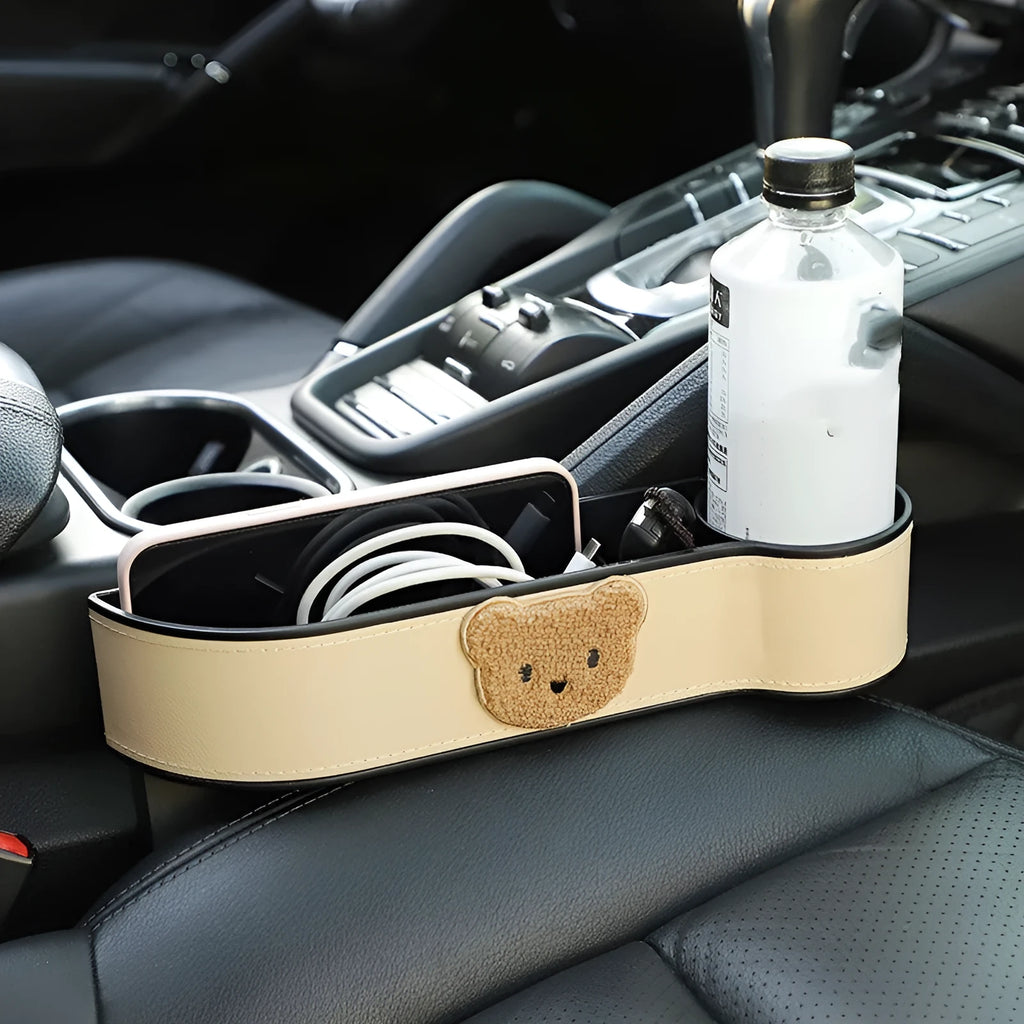 Cartoon bear car seat gap storage box in PU leather with hanging design for vehicle organisation