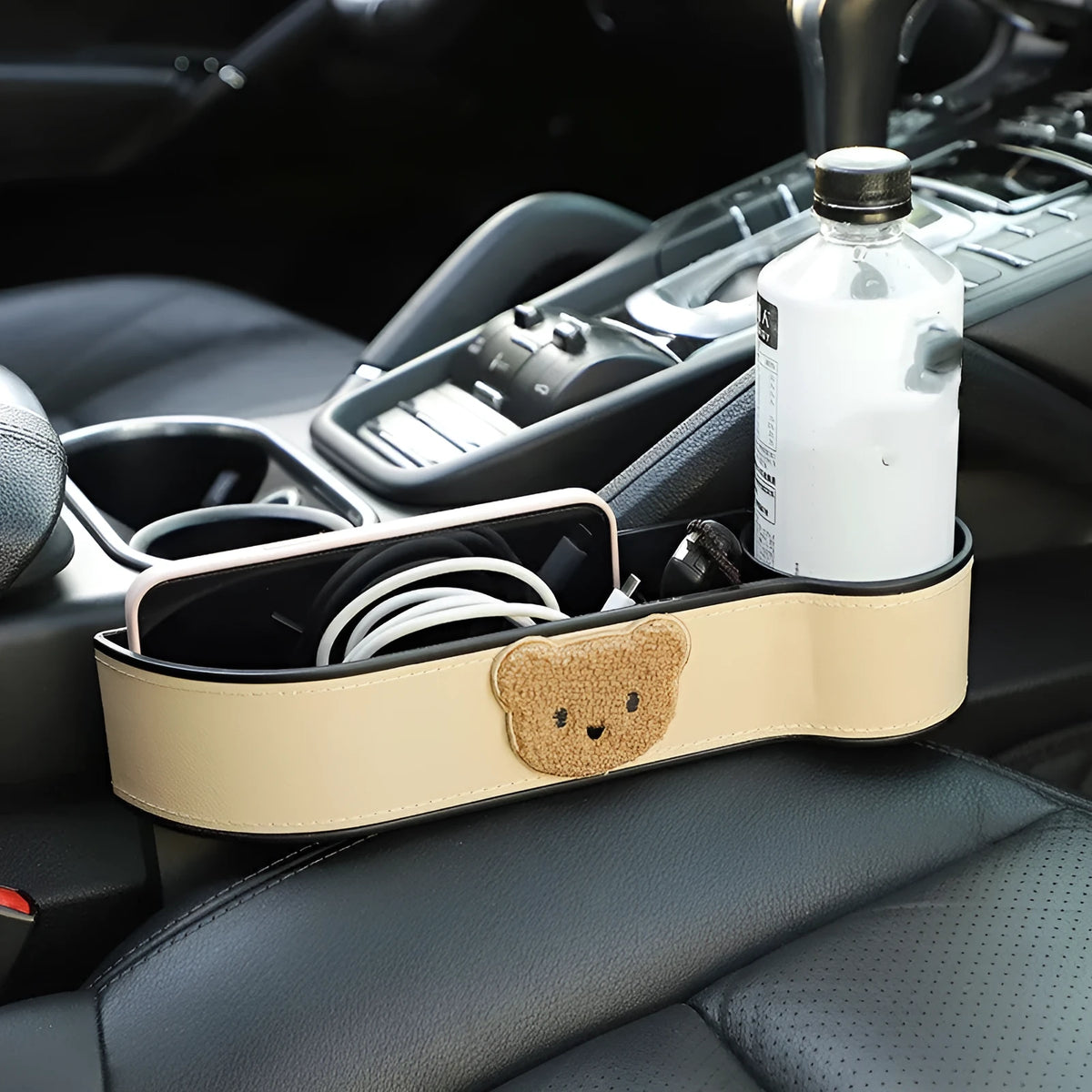 Cartoon bear car seat gap storage box in PU leather with hanging design for vehicle organisation