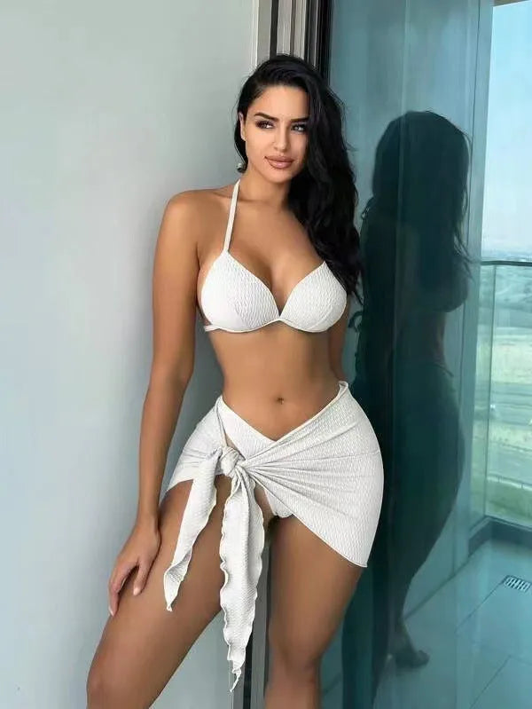Women's sexy Russian split three-piece swimsuit set in polyester fabric