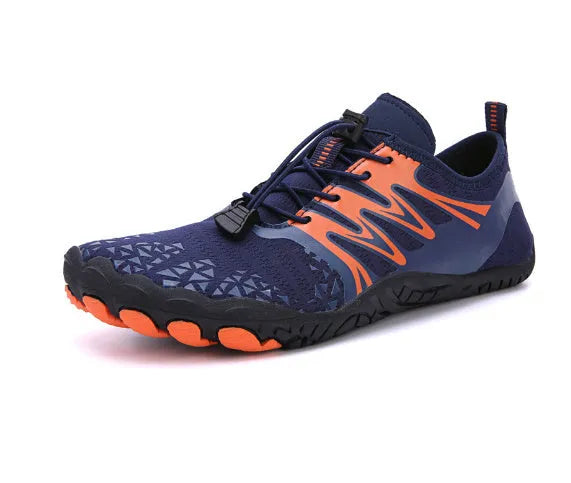White, black, pink, ash orange, and black blue lace-up casual sports shoes with a rubber sole.