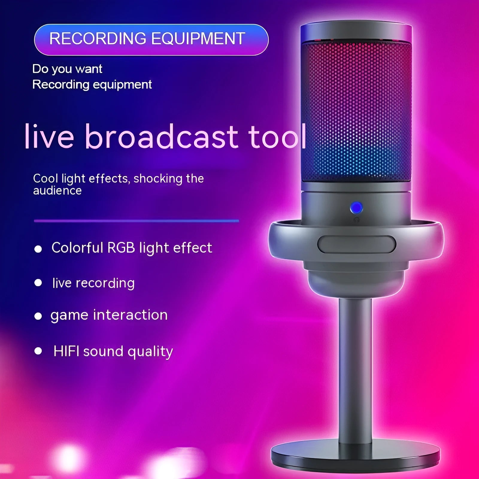 RGB USB condenser microphone for computer recording in black, white, or pink colour options