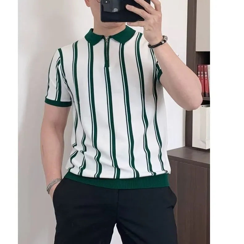 Korean style vintage stripe personality zipper half-sleeved T-shirt for men in black and white loose fit