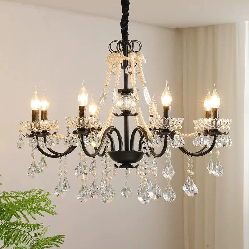 Black crystal chandelier with iron droplight frame and monochrome 220V ceiling light for living room or dining room