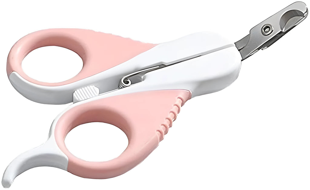 Grey and pink cat nail clippers with a safety lock and angled stainless steel blade on a non-slip rubber handle.