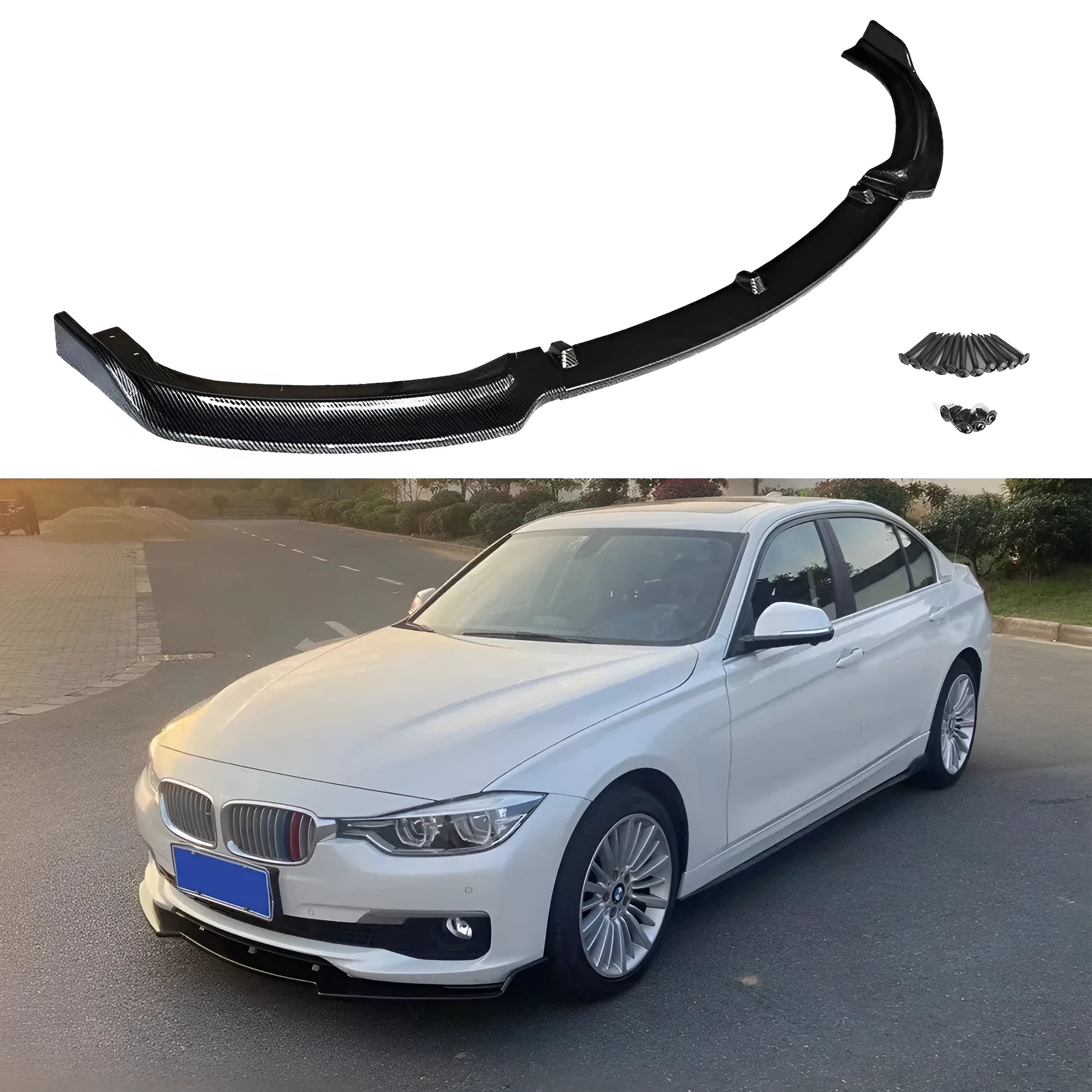 Bright black PP front bumper lip spoiler for BMW 3 Series F30 F35 models on a car.