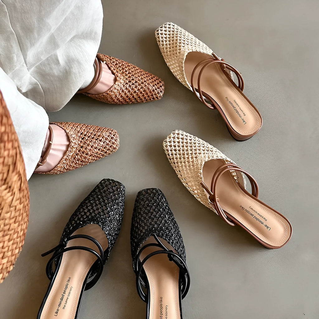 Women's black French retro square toe slippers with hollow-out design and chunky mid heel