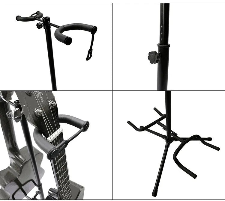 Vertical black iron guitar stand with two adjustable heads for western string instruments
