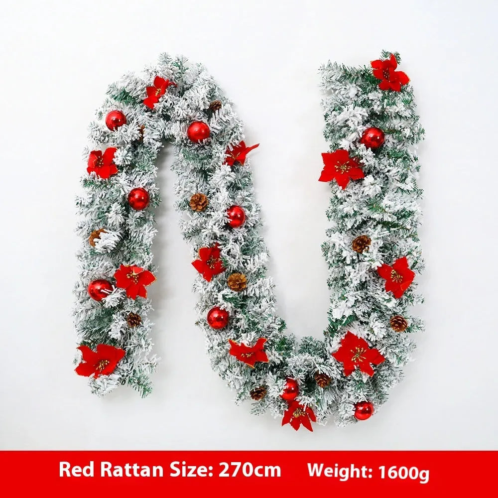 Christmas rattan garland with flocking decoration in multiple colour options