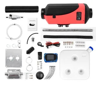Red and black diesel air heater kit with oil pump, tank, pipes and wiring for truck or RV