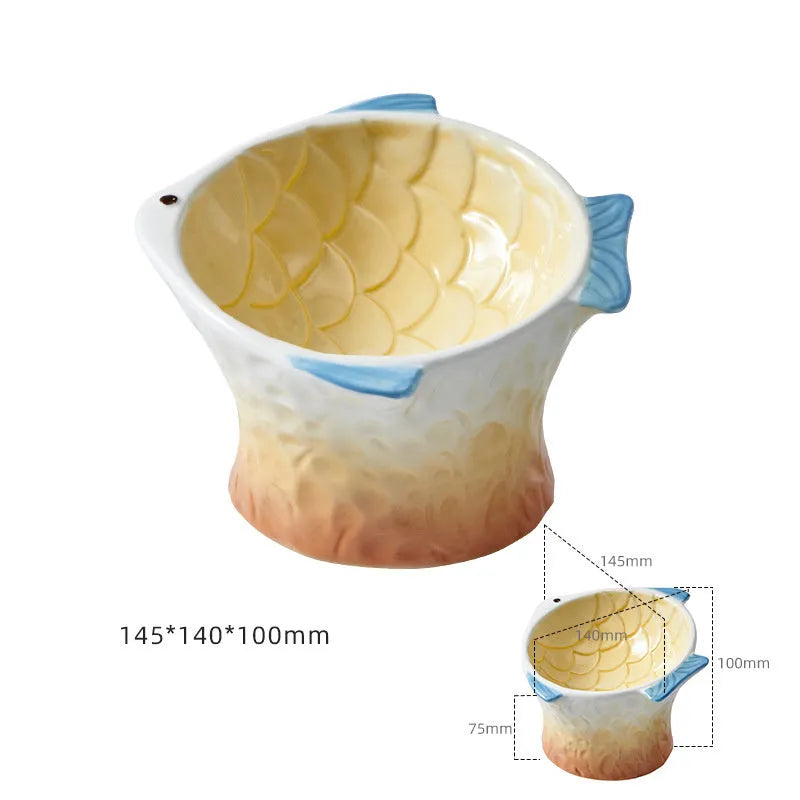 Ceramic cat feeder bowls fish shape design with 15-degree tilt angle and elevated height