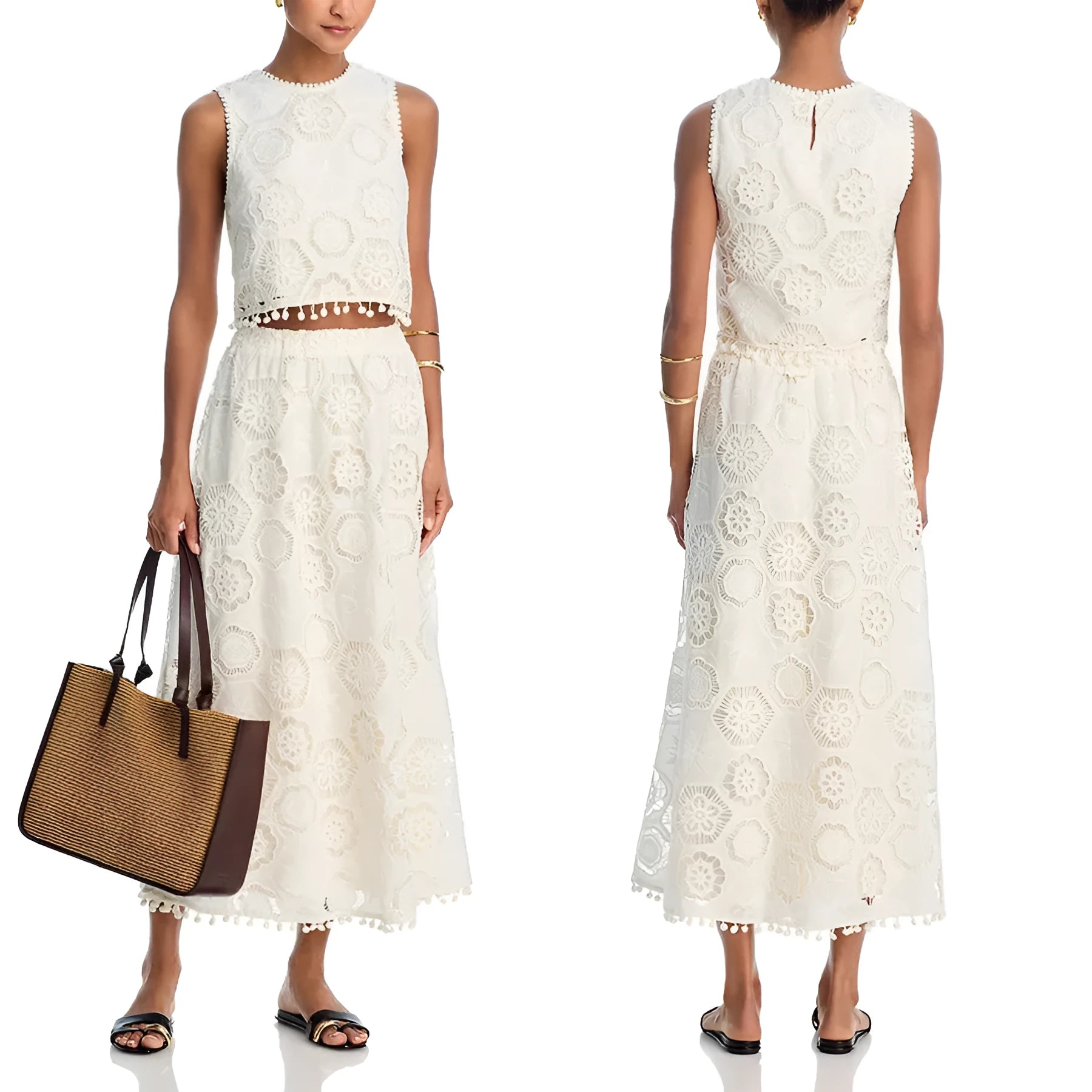 White women's sleeveless top and long skirt suit set with retro embroidery on polyester fabric