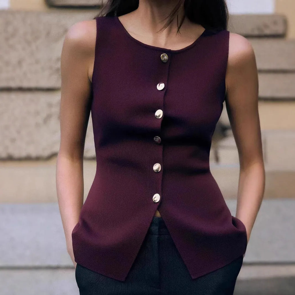 Women's slim fit dark red viscose sweater vest with 3D pattern texture