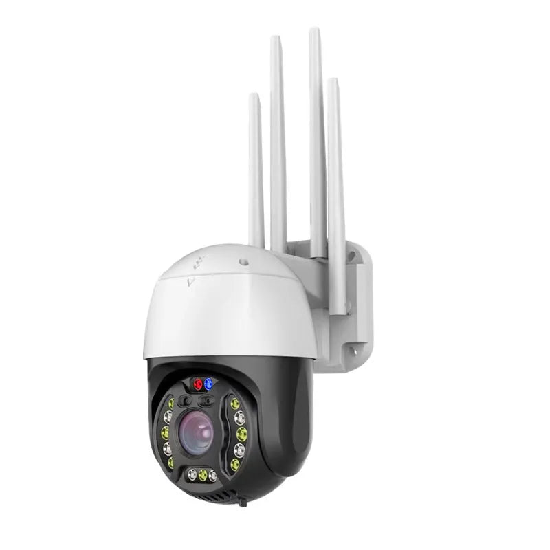 Outdoor dome surveillance camera with 360-degree rotation capability showing 5MP resolution and infrared night vision