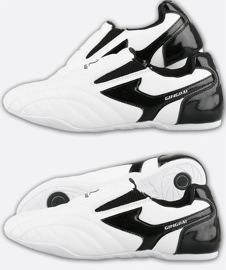 Black and White children's martial arts training shoes with soft bottom construction