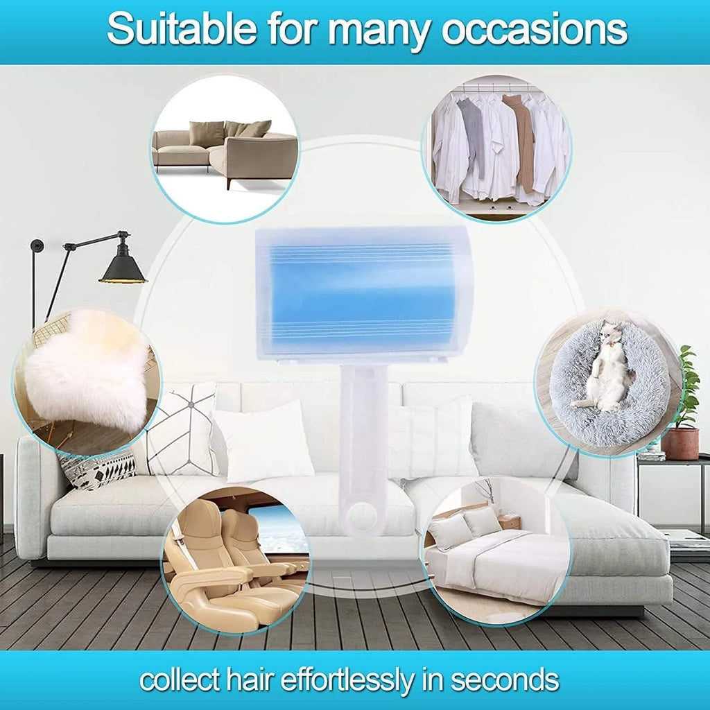 Washable reusable lint roller with cover for pet hair removal on blue background