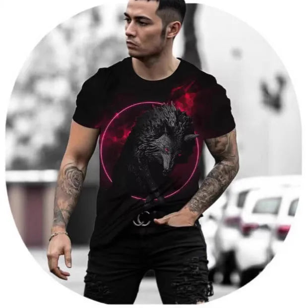 Retro 3D animal print design on a men's light grey short-sleeved t-shirt.