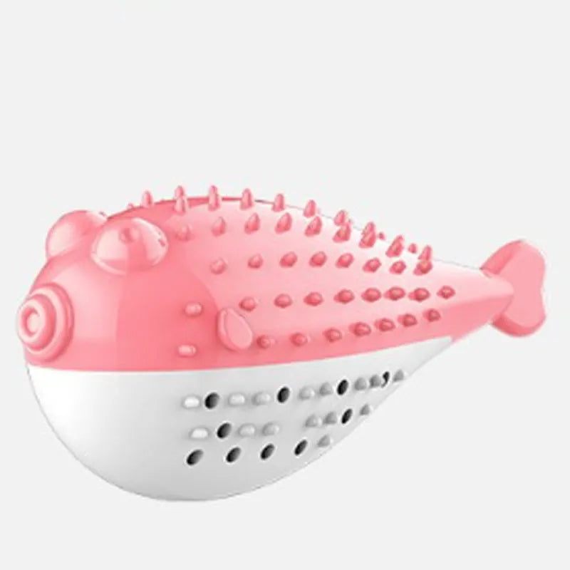 Blue silicone fish-shaped cat chew toy and teaser on a white background