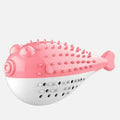 Blue silicone fish-shaped cat chew toy and teaser on a white background