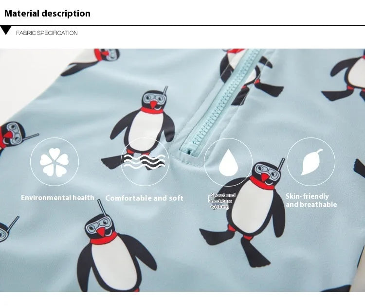 Boys' long sleeve penguin swimsuit with matching swimming cap for beach and pool use