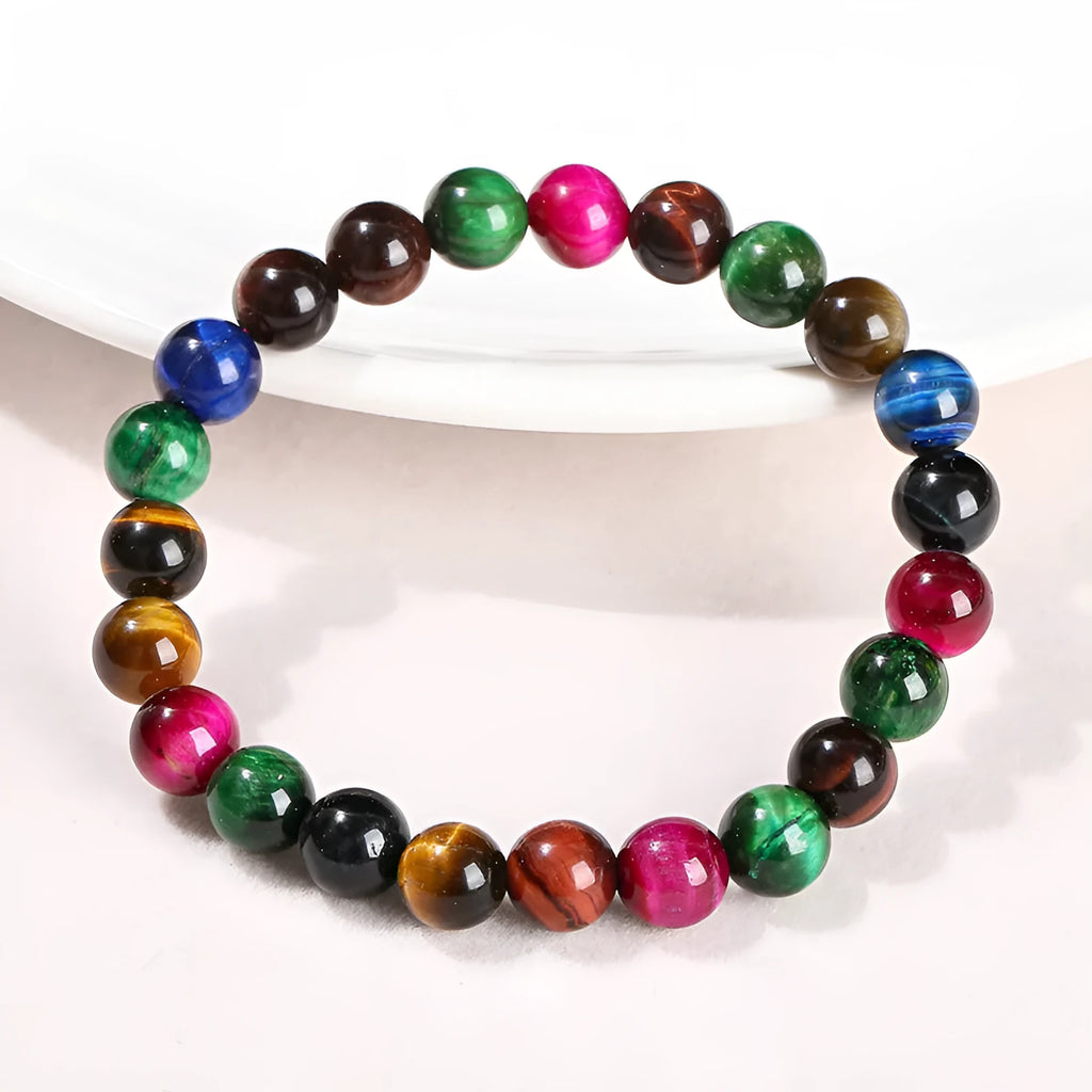 Colourful Tiger Eye stone bracelet with mixed string and round beads