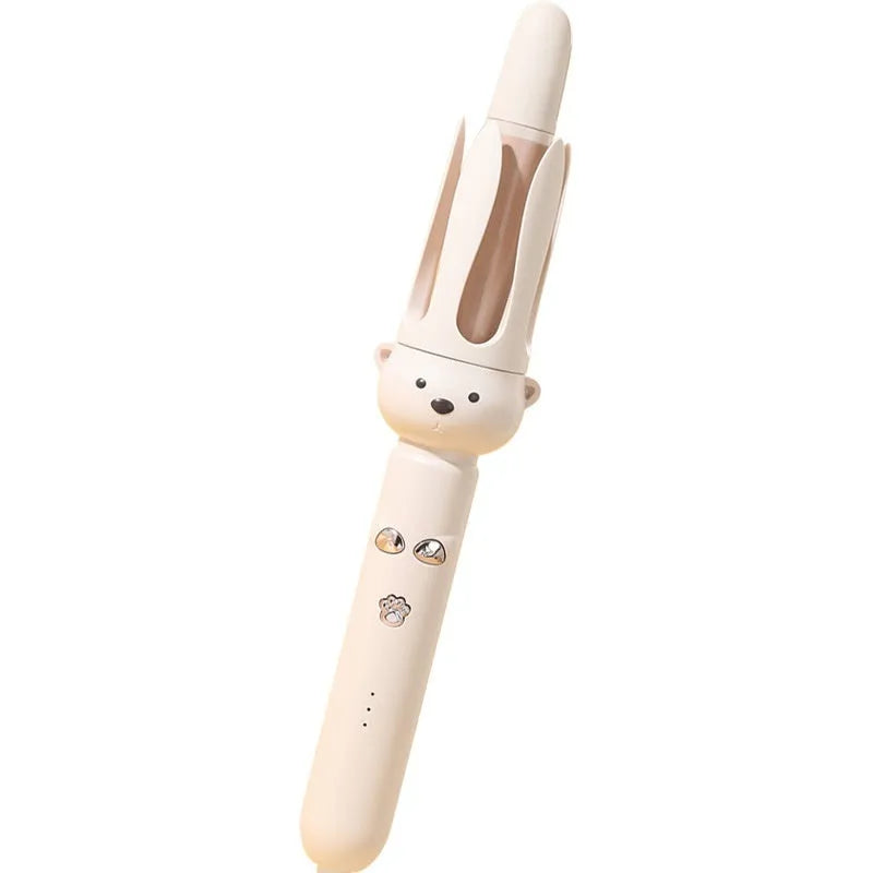 Beige anion automatic hair curler with UK plug on a styling wand.