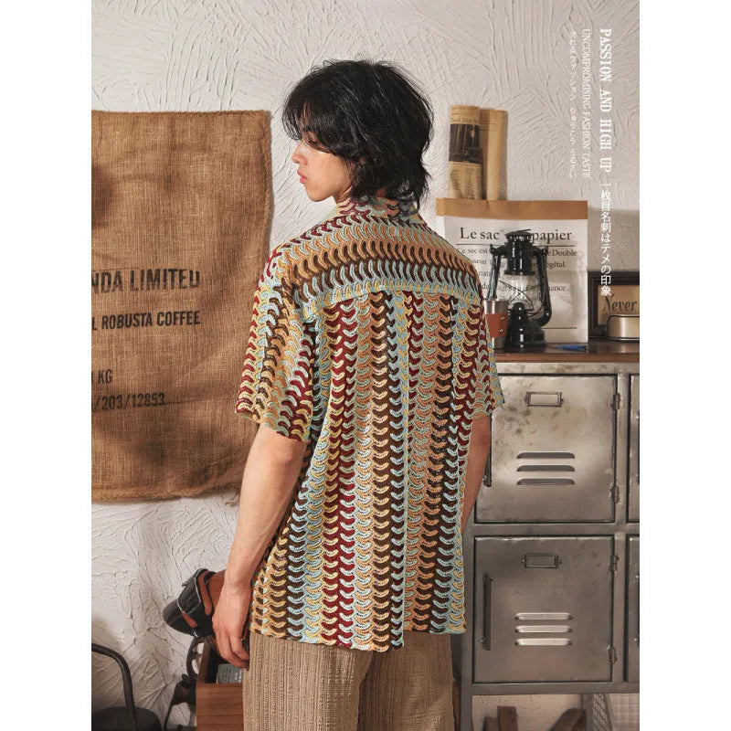 Japanese Cuban collar short sleeve shirt with grey jacquard pattern and fleece-lined slim fit