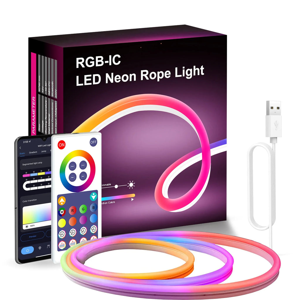 3 metre long USB-powered RGB LED neon light strip with remote control on white background