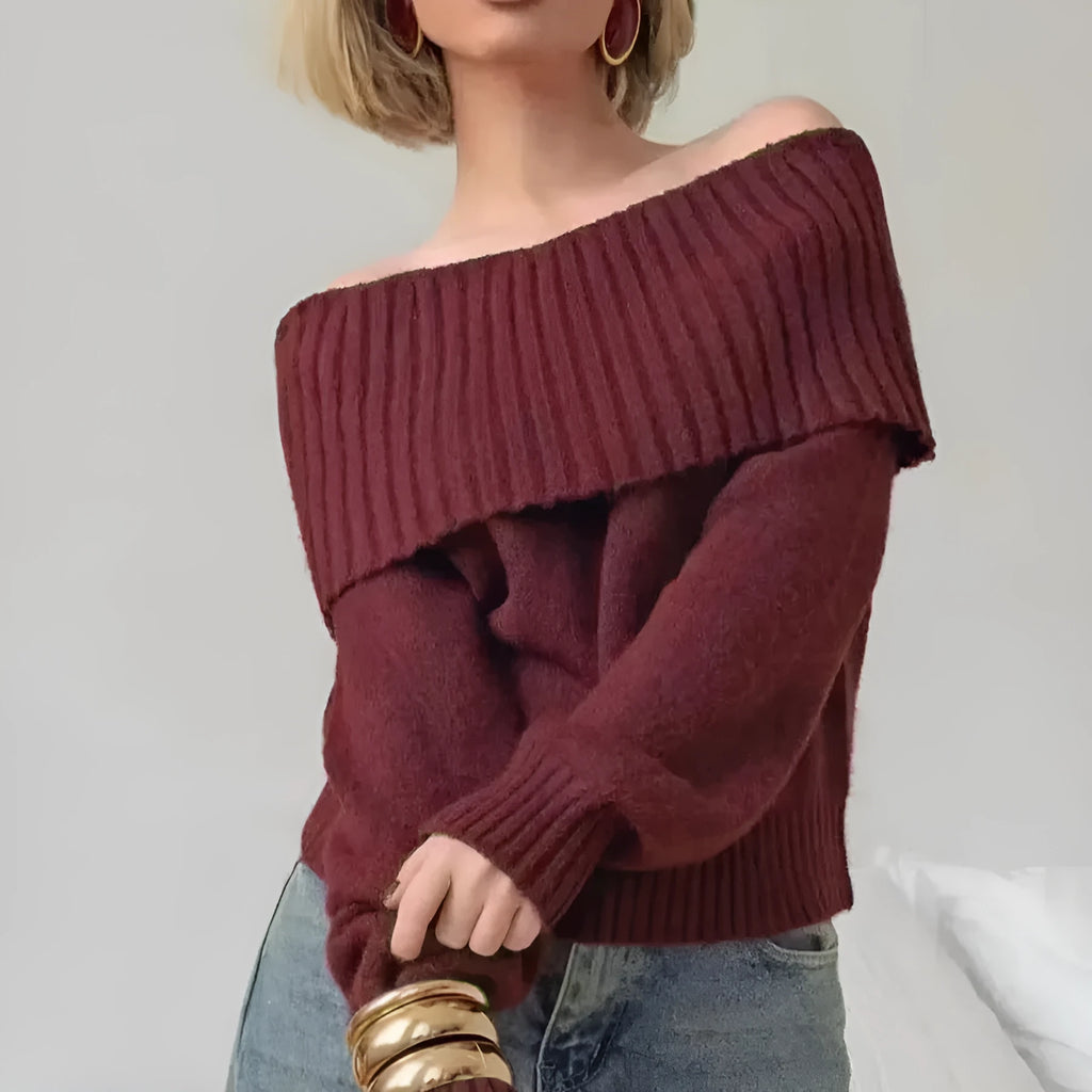 Grey off-the-shoulder sweater with 3D pattern texture and regular sleeves