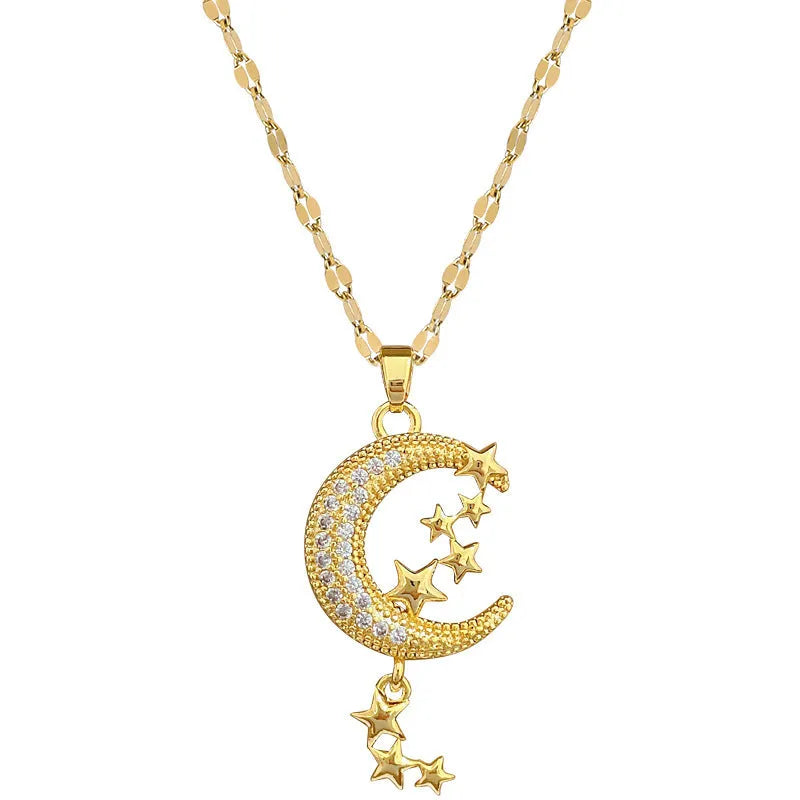 Stainless steel moon tassel necklace with geometric copper pendant and diamond detailing