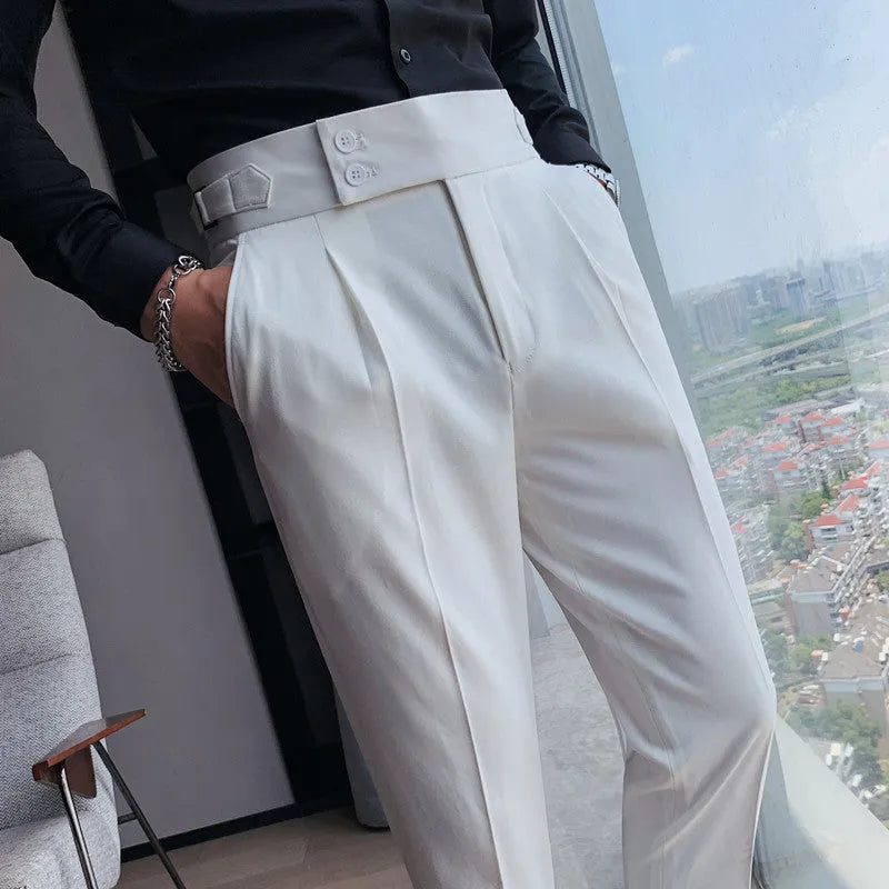 Men's straight-leg casual trousers in solid colours on a neutral background.